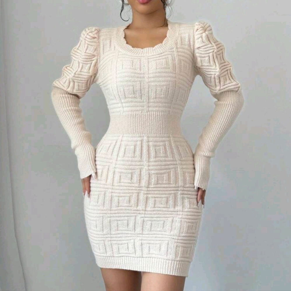 Women's Solid Color Round Neck Gigot Sleeve Elegant Knitted Sweate - Picture 3 of 4